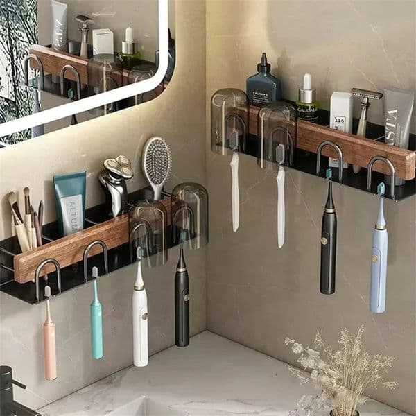 Wood Multifunctional Toothbrush Rack and Mug Holder Wall Mounted Toothpaste and Mouthwash Storage with Toothpaste Squeezer 260130BJ