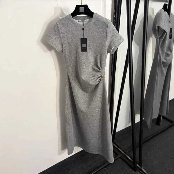 Designer Casual Dresses high-end elegant slim-fit dopamine new letter gold button waist-cinching short-sleeve dress for woman