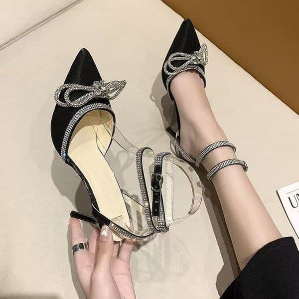 New Summer Pointed-Toe Sandals With Thin Heels, Bowknot, Rhinestone Straps, Buckle, European And American Plus Size Women's Shoes