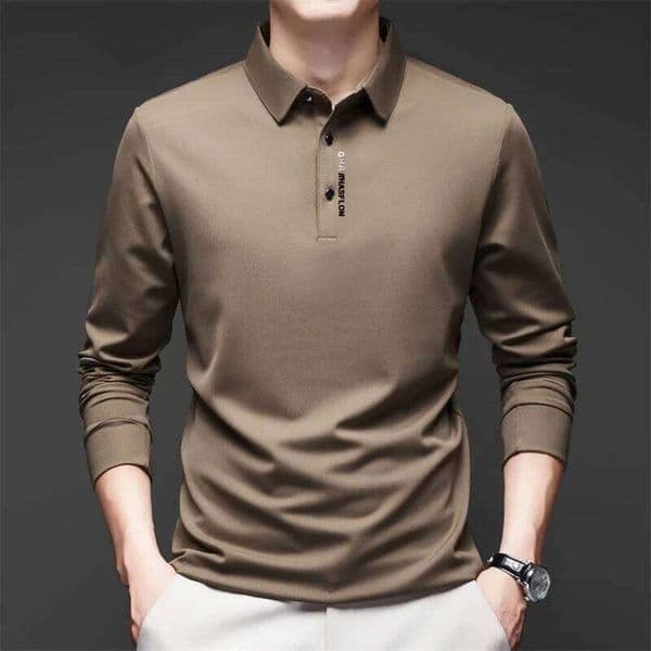New Men's Business Casual Long Sleeved with Badge Solid Color Polo Shirt Fashionable Breathable Comfortable Versatile Top 26Y0420