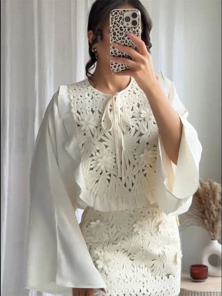 Floral Hollow Embroidery Mini Skirt Sets Women 2 Pieces Flare Sleeved Women Suit Casual Two Piece Set Summer Women Outfit 260418