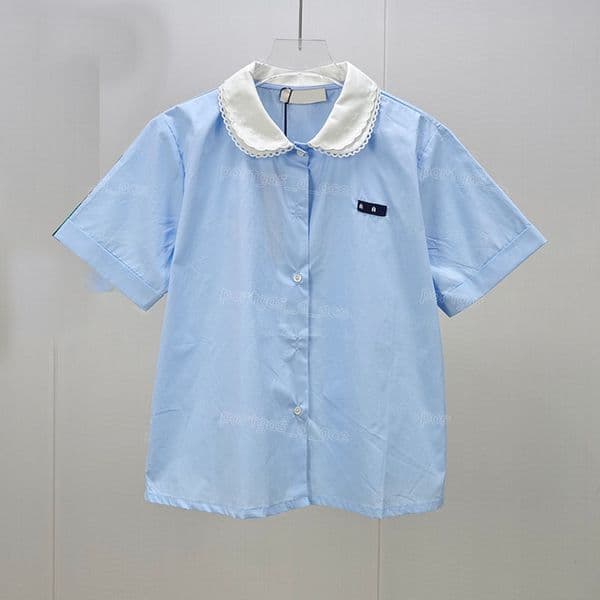 Designer Baby Blue Blouse Shirt Luxury Short Sleeve Lapel Top Summer Street Style Birthday Vacation Dinner Shirts
