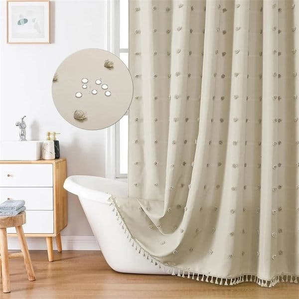 Bohemian Chic Polka Dot Shower Curtain with White Hooks - Machine Washable Polyester Bathroom Decor 260330BJ