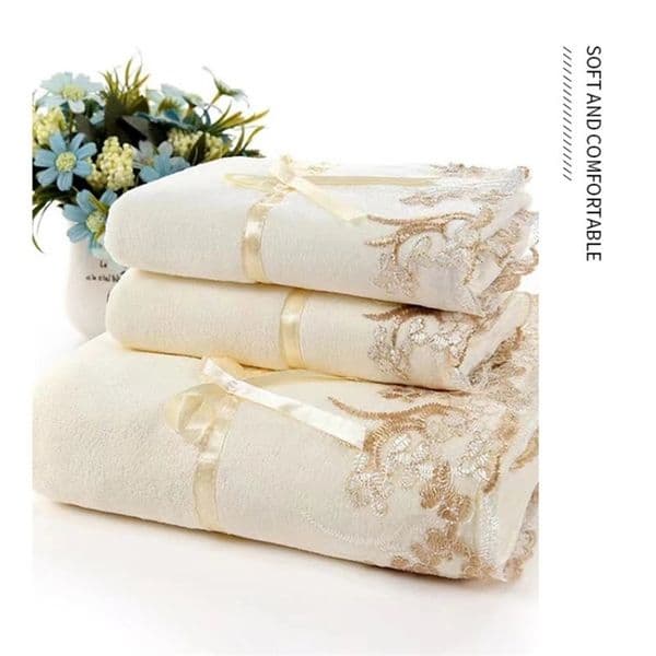 Plain Color Lace-Trimmed 3-Piece Set Soft Absorbent Embroidered Gift Towel Bath Towel Collection 251107BJ
