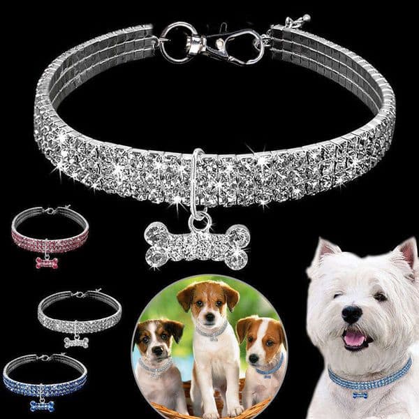 3 Rows Rhinestone Elastic Collar Dog Cat Crystal Necklace Simple Pet Decoration Neck Ring Customization Bamubi