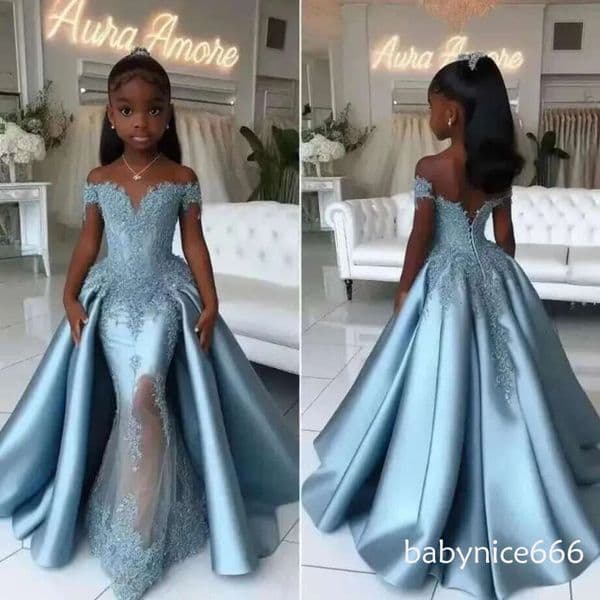 Customized Flower Girl Dress For Weddings Light Blue Mermaid Floor Length 3d Appliques Lace Satin Kids Birthday First Communion Gowns Party Pageant Wears