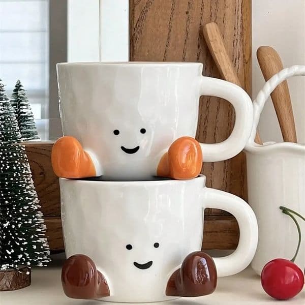 Happy Face Coffee Mug With Handle Ceramic Coffee Cup Charming Face With Cute Feet Water Cups Birthday Gifts Office Home Decor 260106BJ