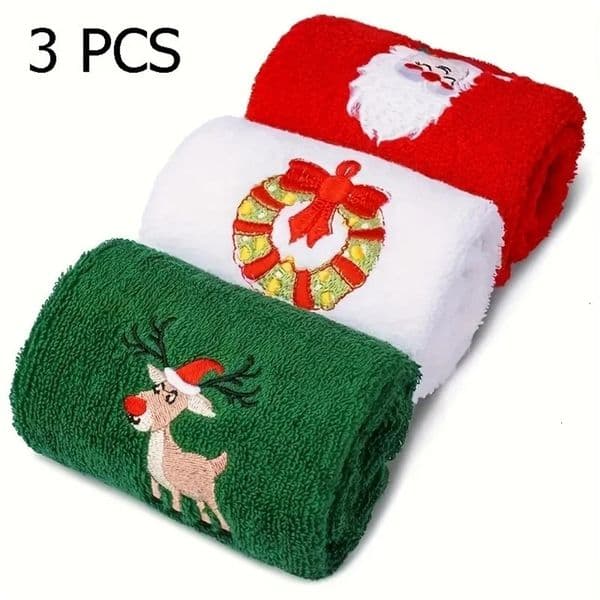 Towel 3pcs set of Christmas themed embroidered soft and skin friendly pure Cotton towels suitable for daily kitchen and bathroom use 251107BJ