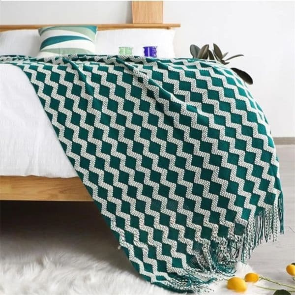 Bohemian Boho Throw Blanket Knitted with Tassel Outdoor Reversible Soft Cozy Lightweight Oversized Throw Blanket Christmas Green 260130BJ