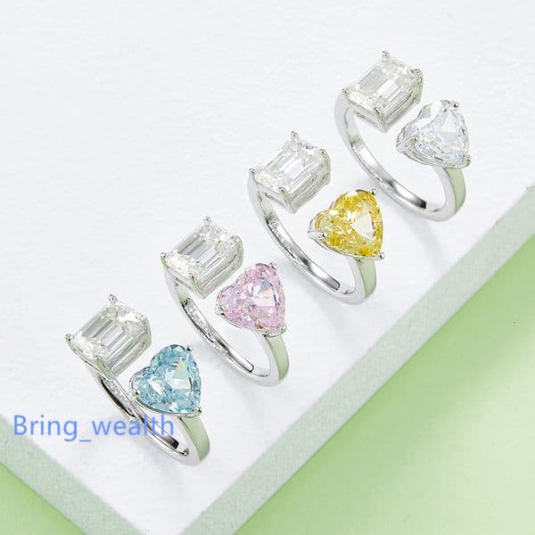 Fashion 925 Sterling Silver 2ct VVS Moissanite Diamond Heart Bridal Promise Engagement Band Baguette Wedding Rings Jewelry Women