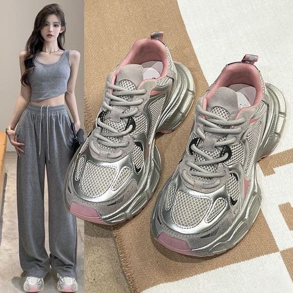 Women Silver Pink Retro Chunky Sneakers, Mesh Patchwork Platform Dad Shoes