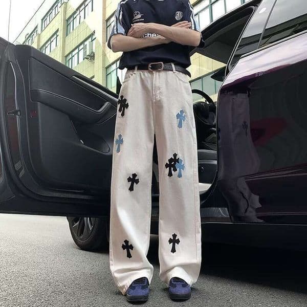 Luxury Brand Designer Clothes White Cross Patch Denim Jeans For Men And Women, Slightly Flared Straight-Leg, Loose Wide-Leg, Floor-Length, Curved Hem, Hip-Hop S