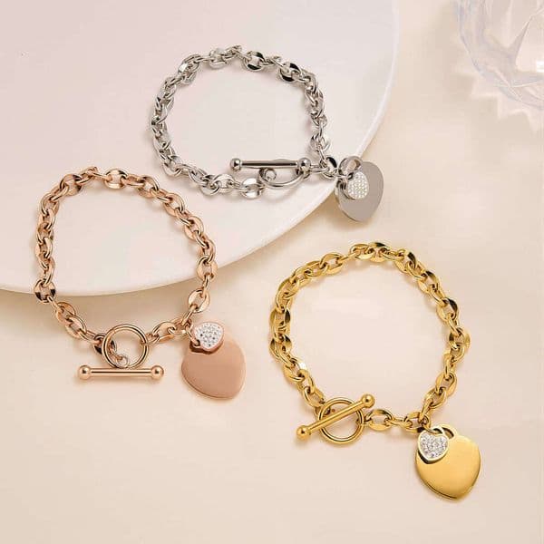 New Fashion High-End Full Diamond Heart Bracelet For Women, Niche Light Luxury OT Buckle Design, Dongguan Titanium Steel Jewelry Wholesale