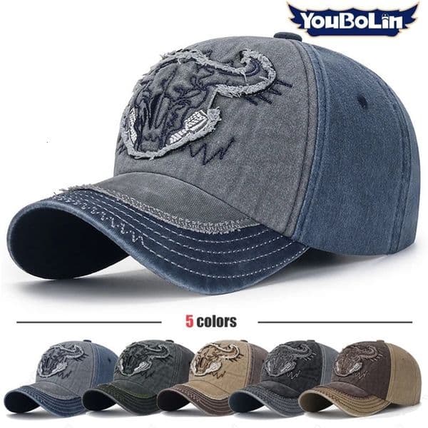 style washed patched embroidered bull head baseball cap for men and women old faded sun-visor cap 260306BJ