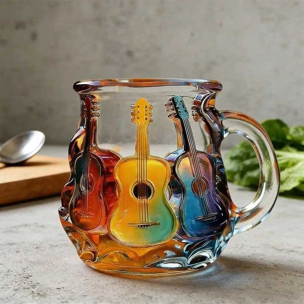 Painted Guitar Glass Cup 350ml Novelty 3d Painted Coffee Mug Unique Colorful Guitar Stack Coffee Cup Collection Gifts T260420
