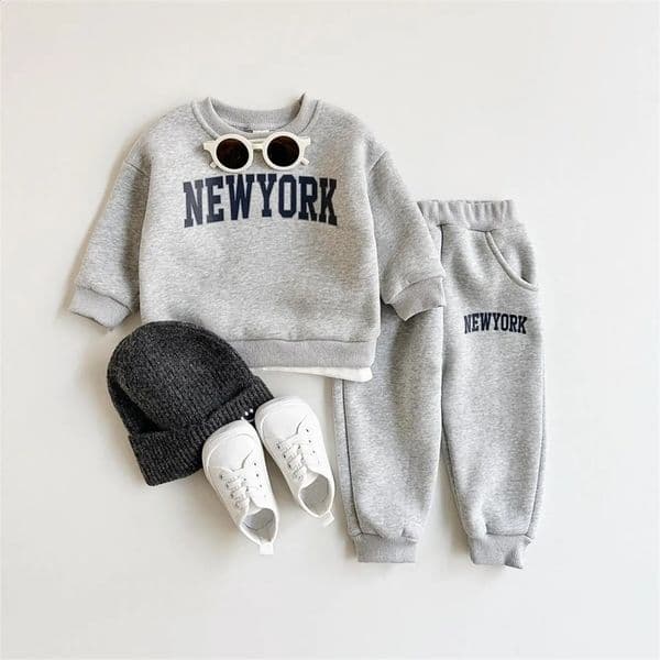 Winter Thickened born Boy Girl 2PCS Plush Letter Printing Casual Suits Outfits Set Childrens Clothing 260205BJ