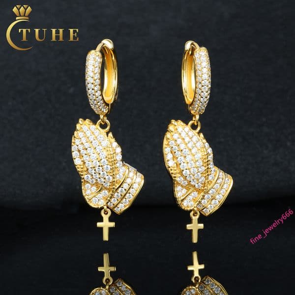 Fine Hip Hop Christian Jewelry 925 Sterling Silver VVS Moissanite Diamond Iced Out Pray Hand Cross Drop Earrings for Men