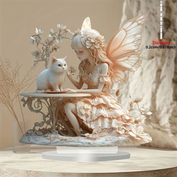 Bohemian Style 8in 2D Acrylic Angel And Cat Figurine Artistic Cartoon Decoration Colorful Print Water-Resistant Romantic Gift 251201BJ