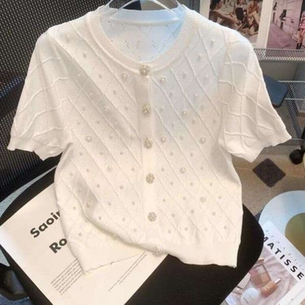 Luxury Style Ice Silk Knitted Short Sleeve T Shirt For Women Summer Thin Model New Design Heavy Duty Beaded Cardigan Top Luxury