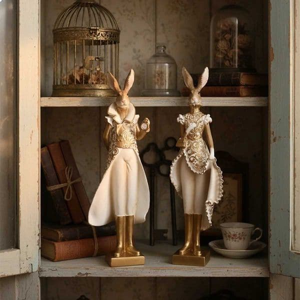 Resin Wonderland Rabbit Sculpture - Elegant GoldWhite 325cm Lightweight Fantasy Decor for Display Cabinet/Shelf T260420