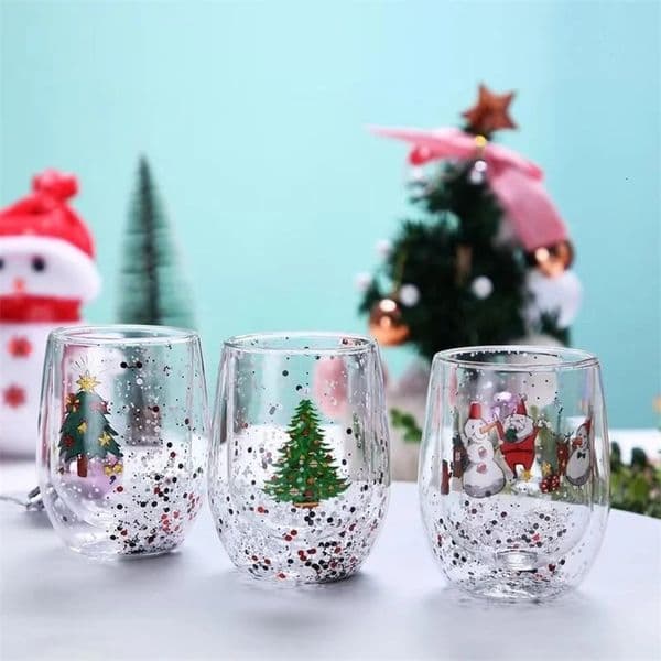 Double Wall Christmas Glass Cup Flowing sequins Christmas tree snowman Coffee Cup Heat Resistant Tea Milk Juice Mug Xmas Gift 260106BJ
