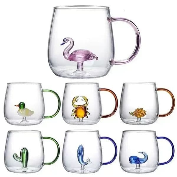 FATUBE Glass CUP 400ml Creative 3D Cactus Rose Duck Flamingo Animal Water Glass Mug Cup with Handle For Girls Kids Lovers Gift 260106BJ