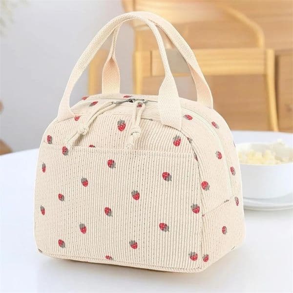 Corduroy Lunch Bag Cute Strawberry Pattern Portable Handbag Outdoor Picnic Food Pouch Multifunctional Handbag Lunch Bag Foldable 250514BJ