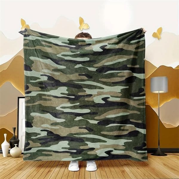 Military Camouflage Flannel Blanket - Ultra-Soft Black Gray Camo All-Season for Bed Sofa Car Camping - Rugged 260127BJ