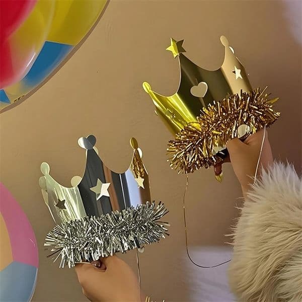 Gold and Silver Tassel Crown Birthday Hat Childrens Adults Happy Birthday Party Cake Decoration Paper Hat 251218BJ