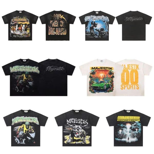 Hot sale Designer Mens Majestik T-Shirts American Trendy Brand Retro Majestik High Street Hip-Hop Letter Printing Rhinestones Short-Sleeve Summer Cotton Mens T-Shir