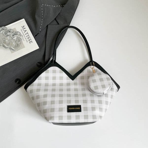 Grid Pattern Large Capacity Versatile Shoulder Bag Texture Handbag with Small Round Bag Design