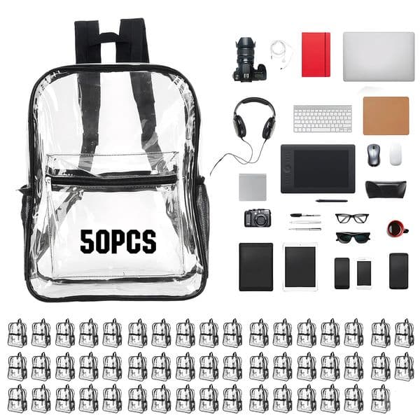 50 Pack PVC Clear School Backpack with Multiple Pockets 15 Inch Small Clear Concert Bag Water-Resistant for Stadium Work Travel 260420