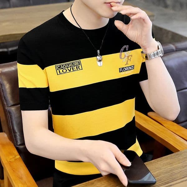 Summer Cool Short sleeved T-shirt Mens Trendy Round Neck Striped Ice Silk Loose Top 260420