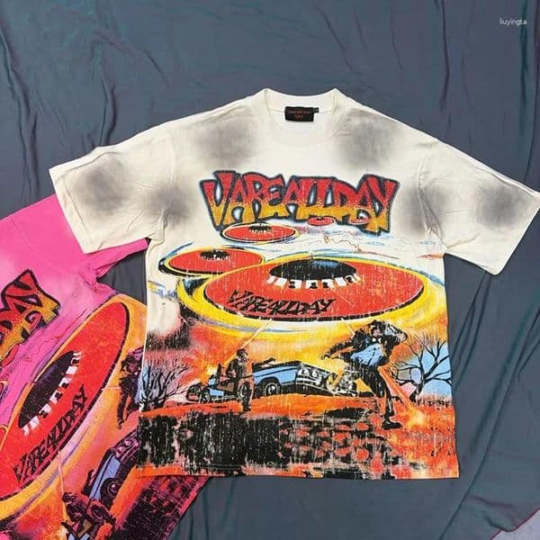 Men's T Shirts VARE ALL DAY American Street Washed Distressed Rhinestone Print Loose Round Neck Short-Sleeve T-Shirt Men Women