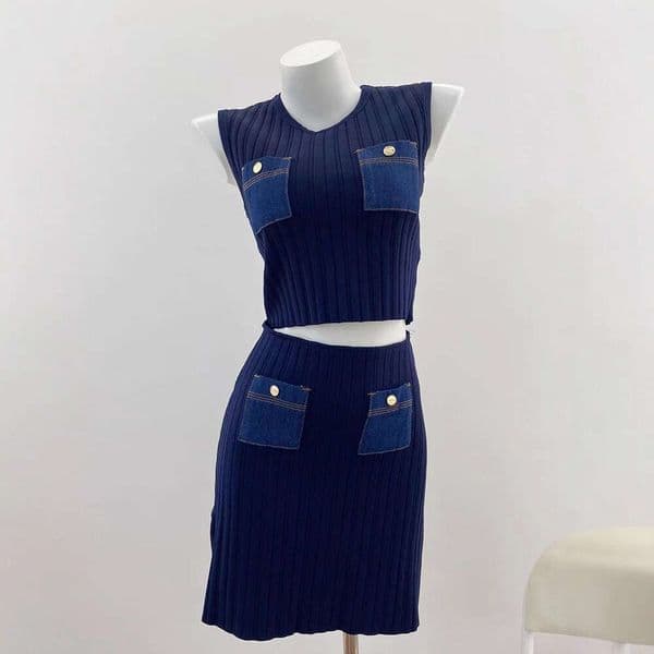 2026 Autumn New g20 Designer Women's Ribbed Color blocked Cowboy Knitted Tank Top+Short Skirt Set