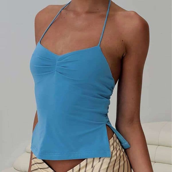 Sky Blue Halter Cami Top Ruched Bust Side Tie Slit Detail Fitted For Summer