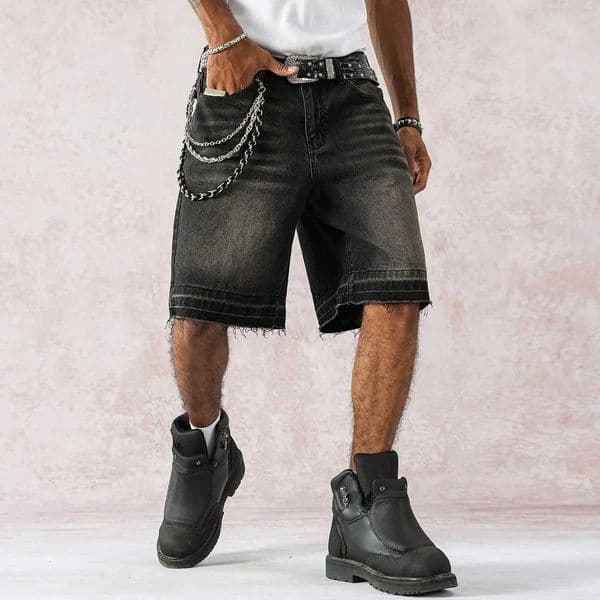 Mens spring and summer street fashion casual frayed-hem loose wide-leg black denim shorts L260521