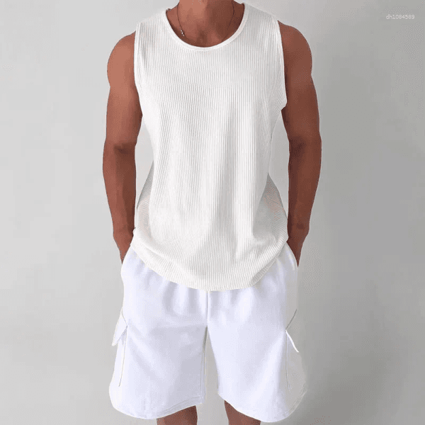 Men's Tank Tops U-shaped Large Neckline Vest Pleated Textured Loose Sleeveless T-shirt Waffle Jacquard Knitted Waistcoat