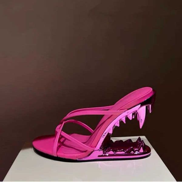 CACA 2024 New Women High Heeled SandalsStrange Shark Teeth Sexy Summer ShoesBig size 44Open ToeGoldBlackSilverDropship Q260421