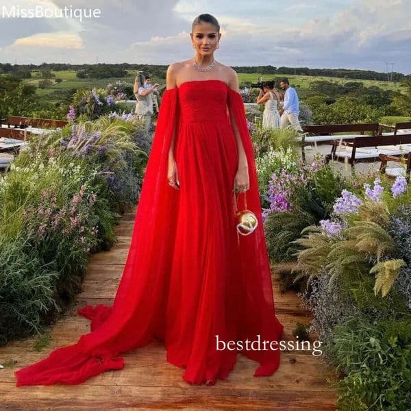 Red Chiffon Formal Prom Dresses Off The Shoulder Long Sleeves Special Occasion Event Party Gowns Evening Dress 1215 Bd421