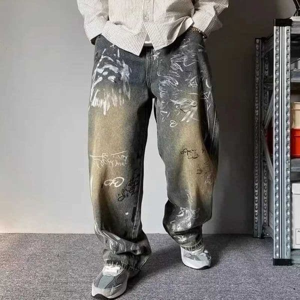 New Graffiti Printed Baggy Jeans For Men Y2K Vintage Distressed Blue Harajuku Denim Pants High Street Straight-leg Jean Trousers S26421