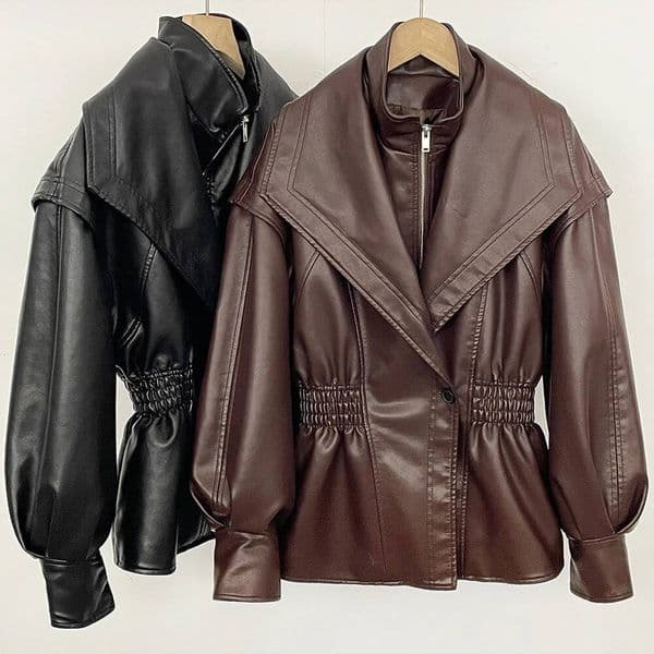 26ss SANRAN OFTBUY Zipper PU Faux Jacket High Neck Vintage Trench Elastic Waist Fitted Leather Coat Women Female