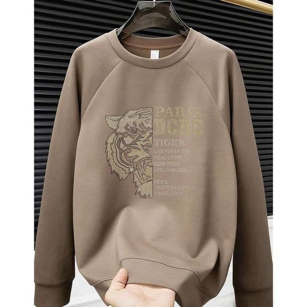 2026 American Autumn New Style Light Luxury High-End Tiger Rhinestone Men's Round Neck Sportswear Trendy High-Quality Long Sleeved T-Shirt
