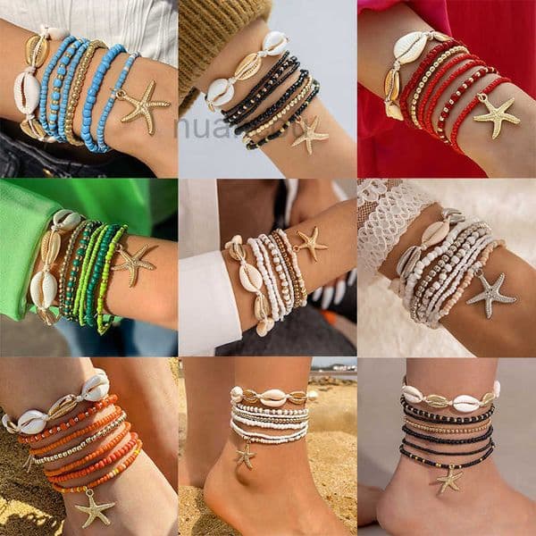 Jewelry Necklace Seashell Anklet Bracelet Bohemian Resort Style Beaded Woven Bracelet Starfish Seed Bead 7-Piece Set Wholesale