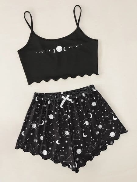 Summer Sleepwear for Women Pajamas Set Star Moon Printed Sleeveless Sling Crop Tops and Shorts Set Homewear Loungewear Pijama 260420