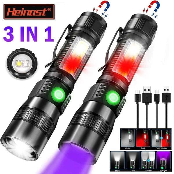 3in1 D Flashlight with COB Sidelight Rechargeab Torch Zoom Waterproof Ultraviot Light Flashlight for Pets CamT260421