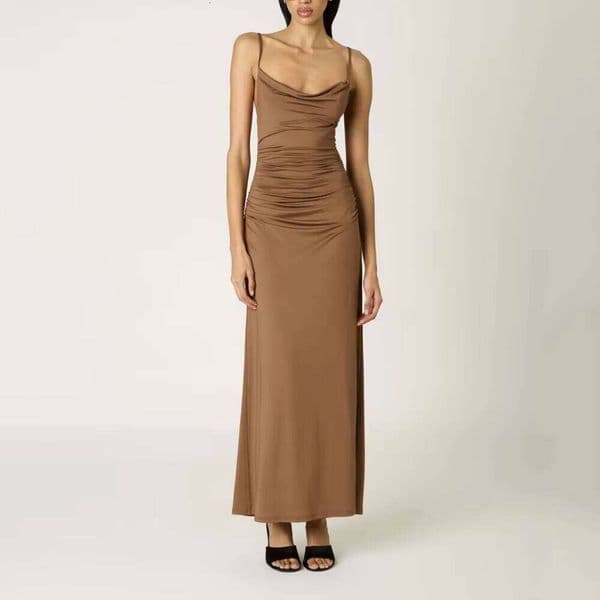 Women's Camel Ruched Spaghetti Strap Cowl Neck Bodycon Evening Dress