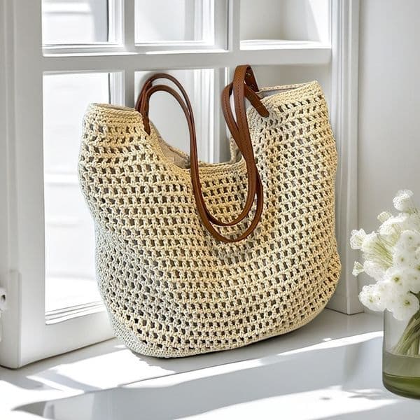 Handwoven Cotton Large Capacity Beach Handbag Casual Hollow Shoulder Bag for Women Ins Style Mori Girl Vintage