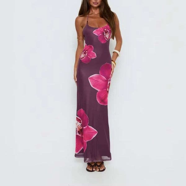 Women's Purple Orchid Print Halter Sleeve Bodycon Summer Beach Party Gown