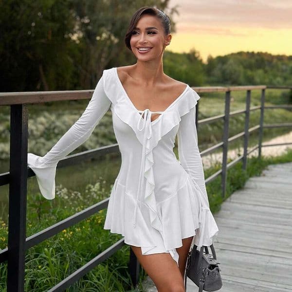 Women S Clothing Ruffled Pointed Collar Tie String Bell Sleeve Dress Wholesale ASRU